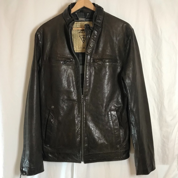 SOLD - Guess Jeans Moto-Style Brown Genuine Leather Jacket - Picture 1 of 13